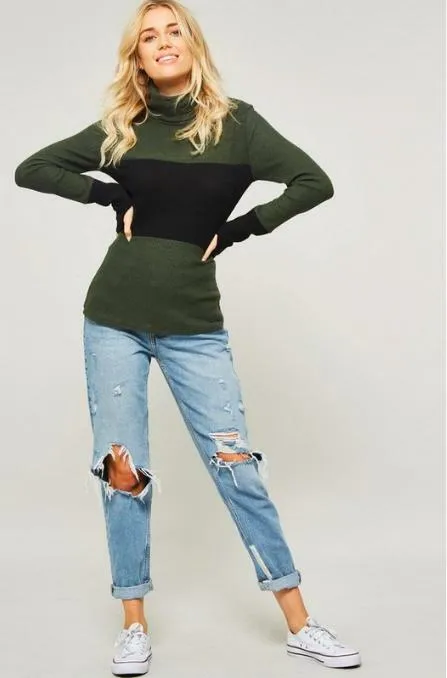 Ramona Olive and Black Colorblock Turtleneck Top