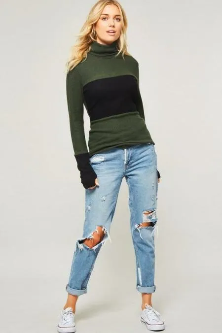 Ramona Olive and Black Colorblock Turtleneck Top