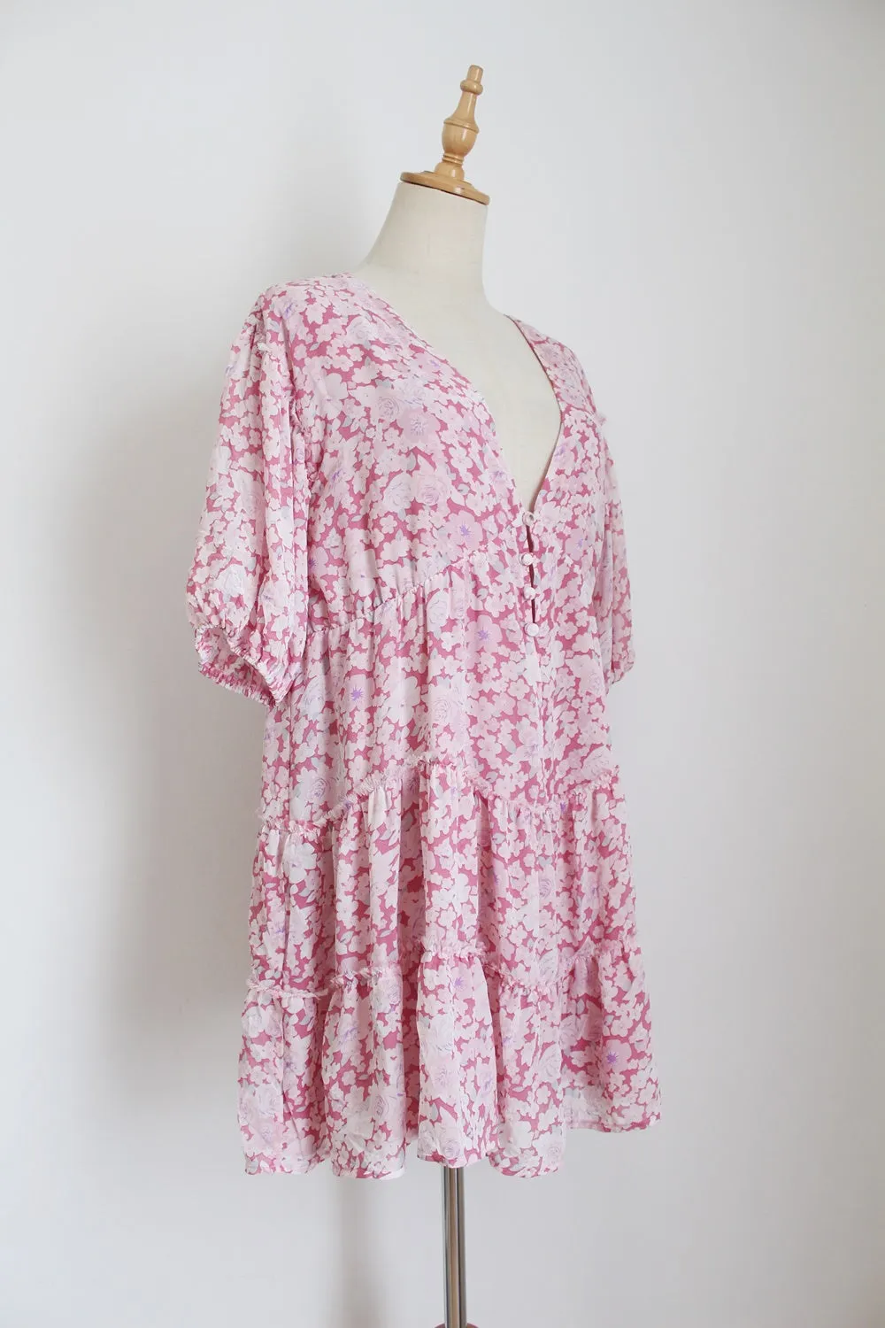 SABO FLORAL RUCHED DRESS PINK - SIZE S