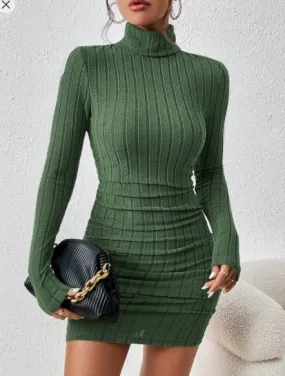 Shein Frenchy Solid Color Turtleneck Shirred Fitted Mini Dress, M /