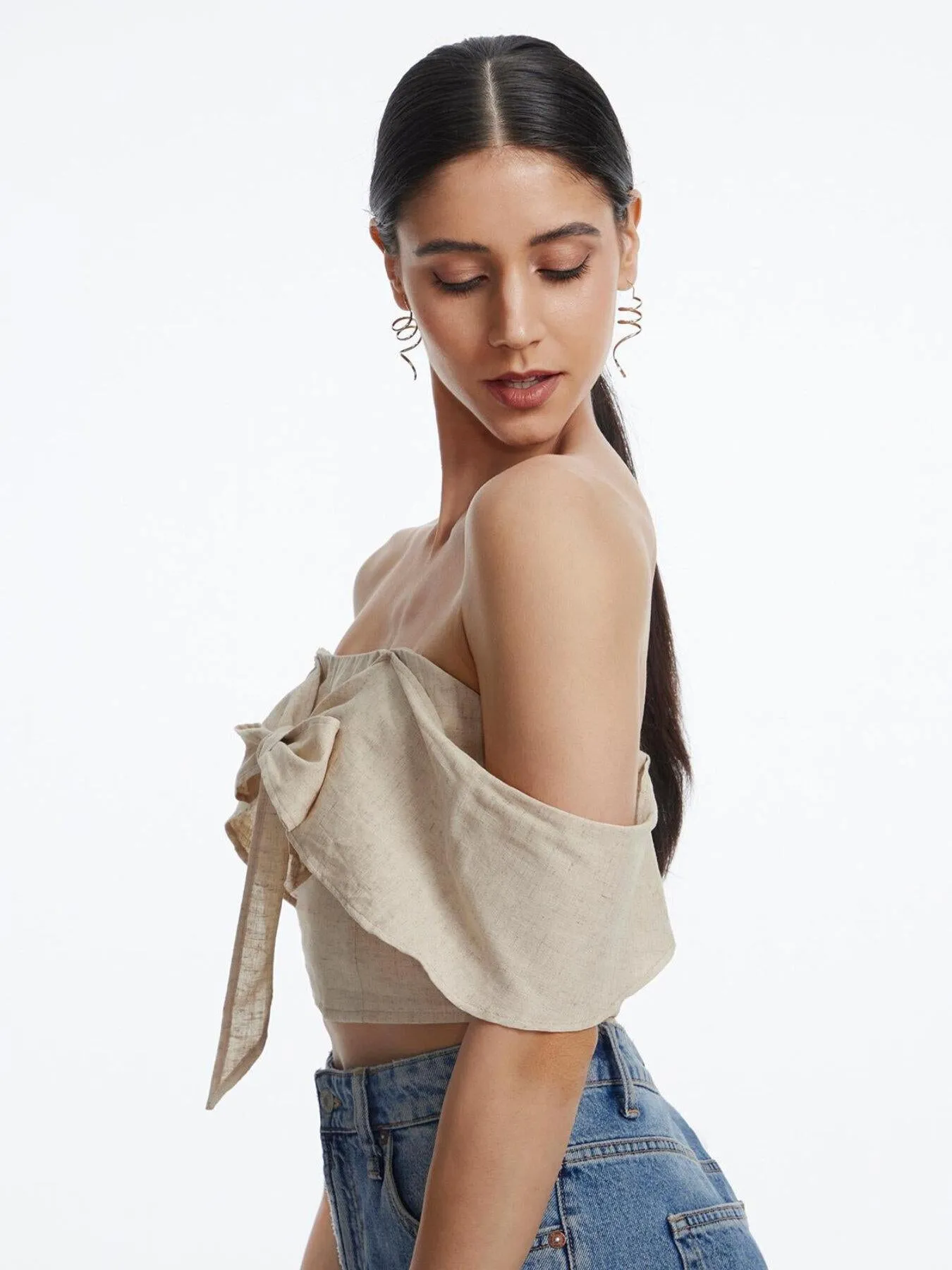 Shirred Bow Front Off The Shoulder Top