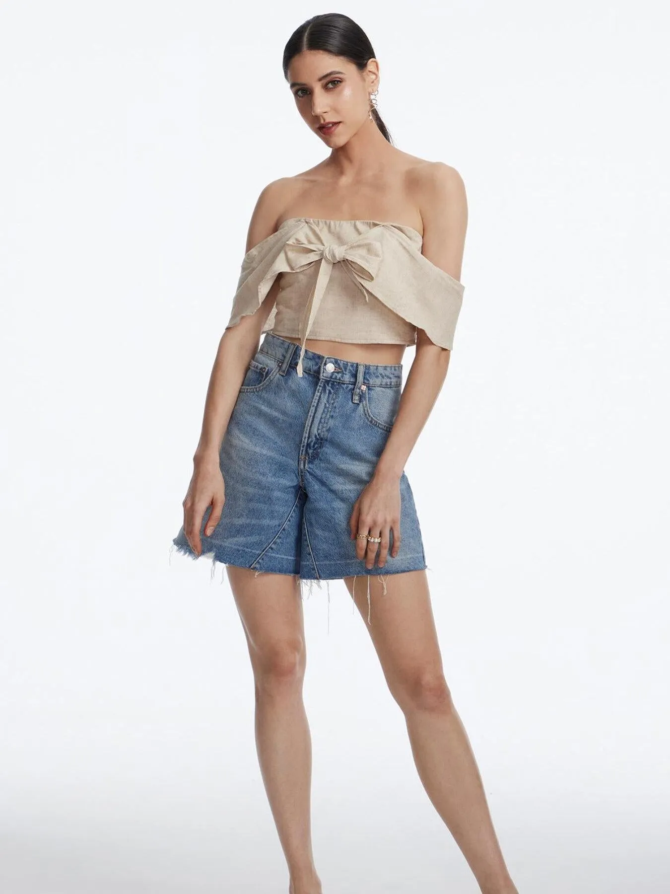 Shirred Bow Front Off The Shoulder Top