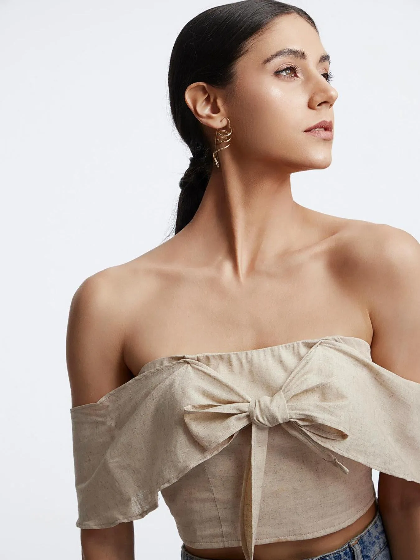 Shirred Bow Front Off The Shoulder Top