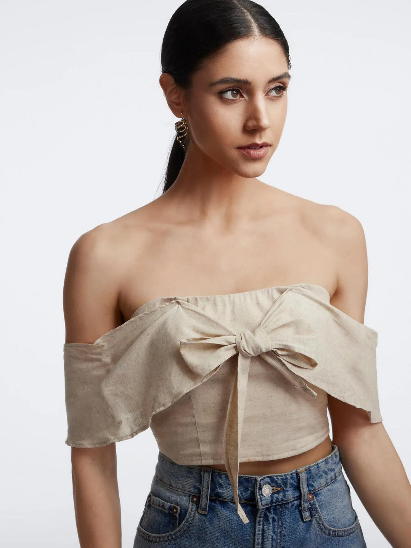 Shirred Bow Front Off The Shoulder Top