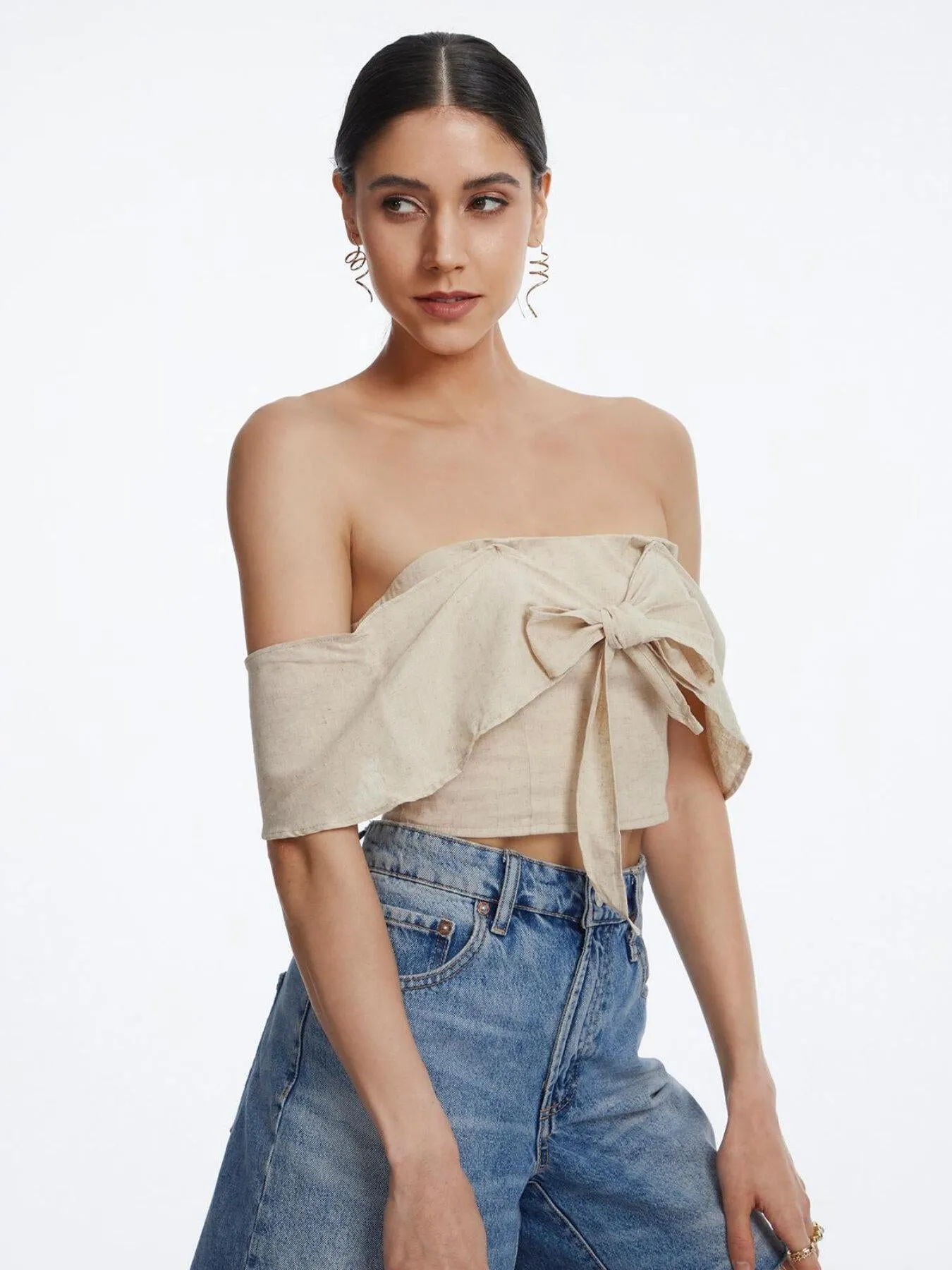 Shirred Bow Front Off The Shoulder Top