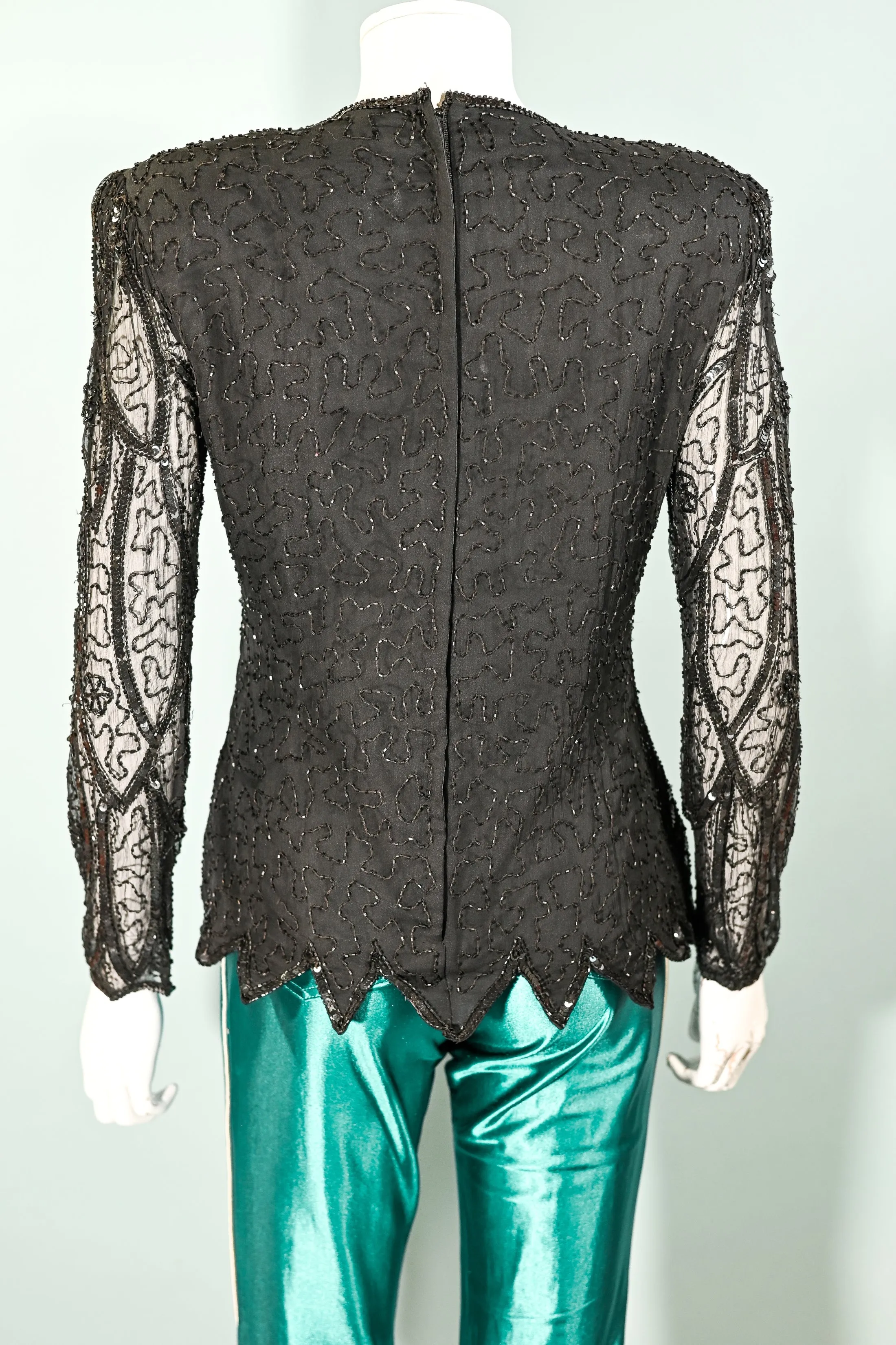 Stenlay 80s Black Silk Beaded/Sequin Top S