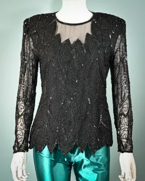 Stenlay 80s Black Silk Beaded/Sequin Top S