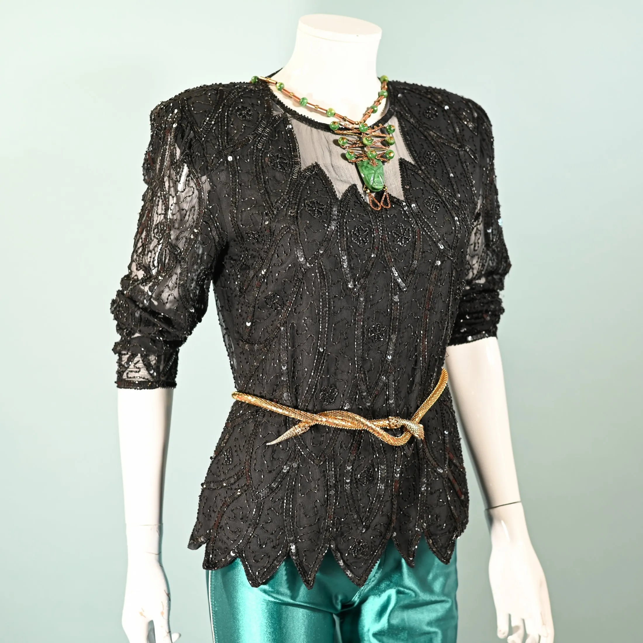 Stenlay 80s Black Silk Beaded/Sequin Top S