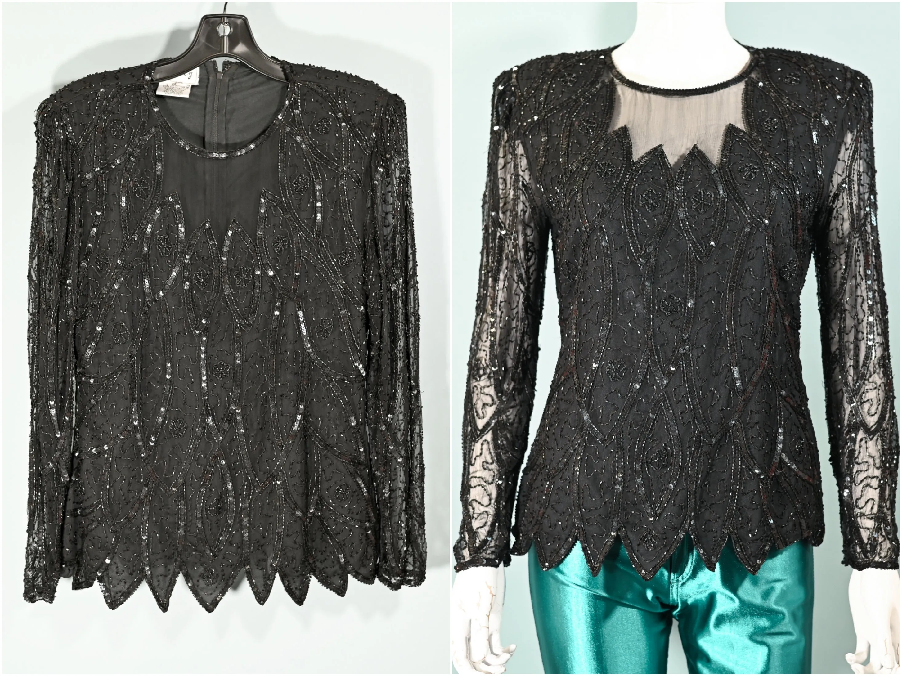 Stenlay 80s Black Silk Beaded/Sequin Top S