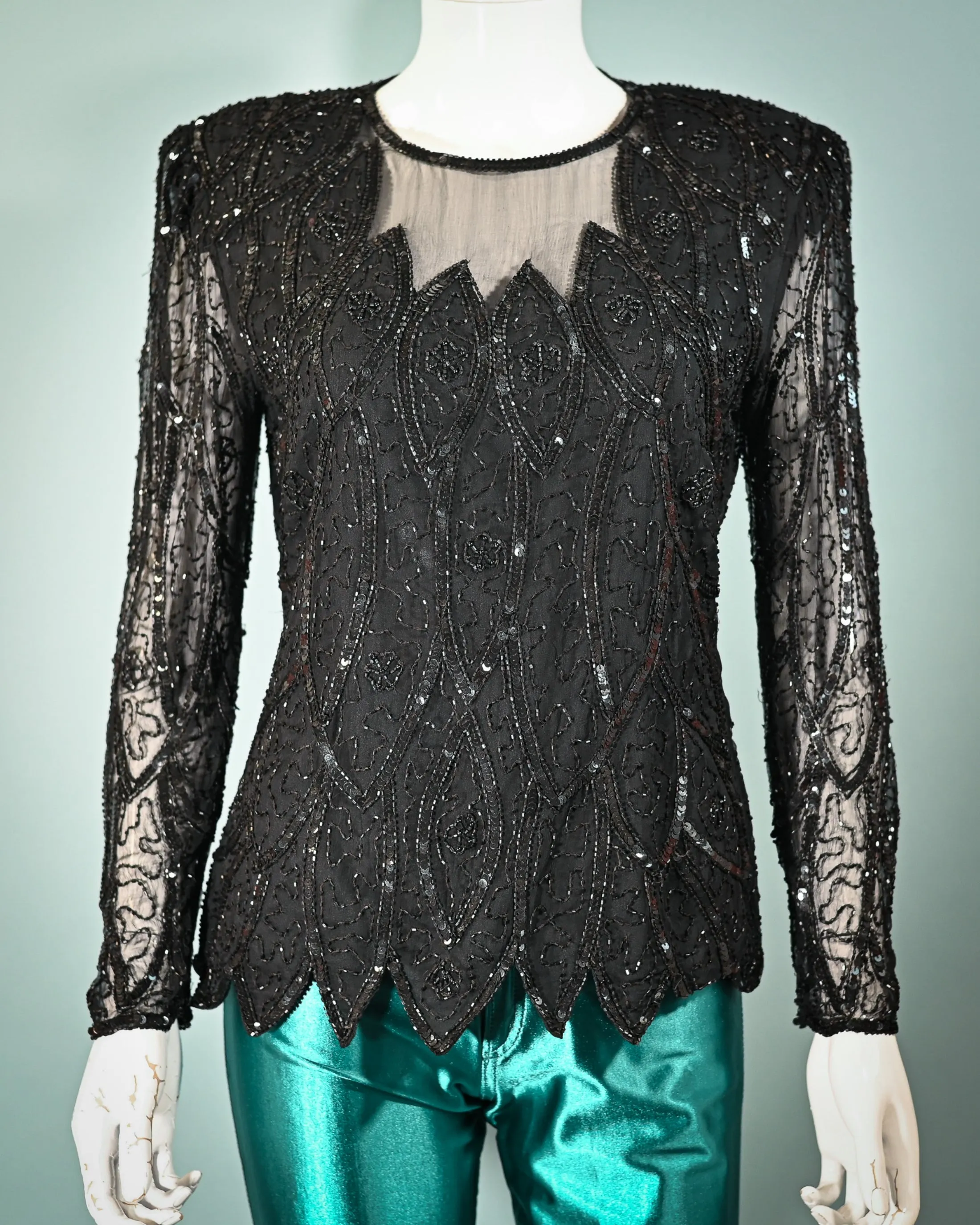 Stenlay 80s Black Silk Beaded/Sequin Top S