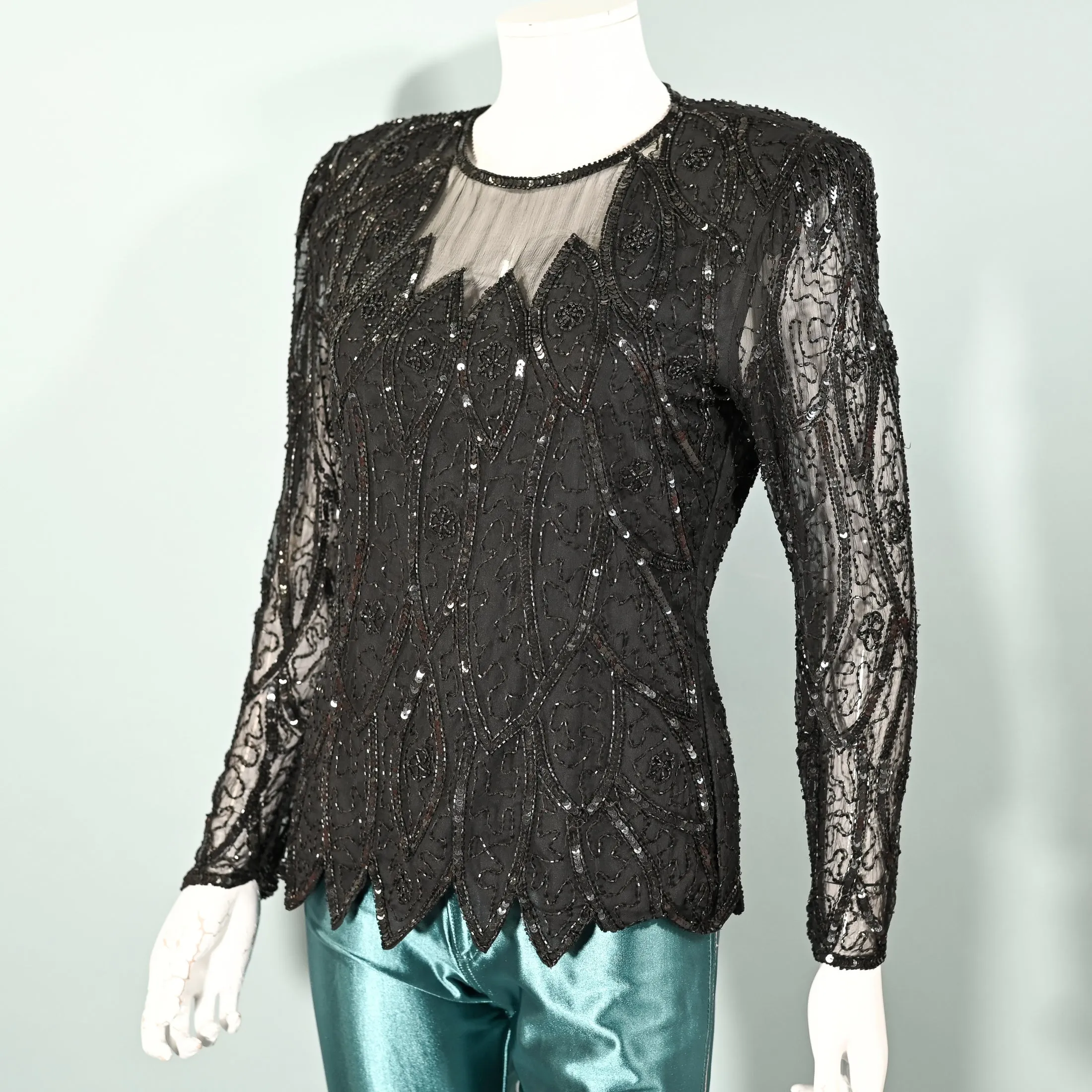 Stenlay 80s Black Silk Beaded/Sequin Top S
