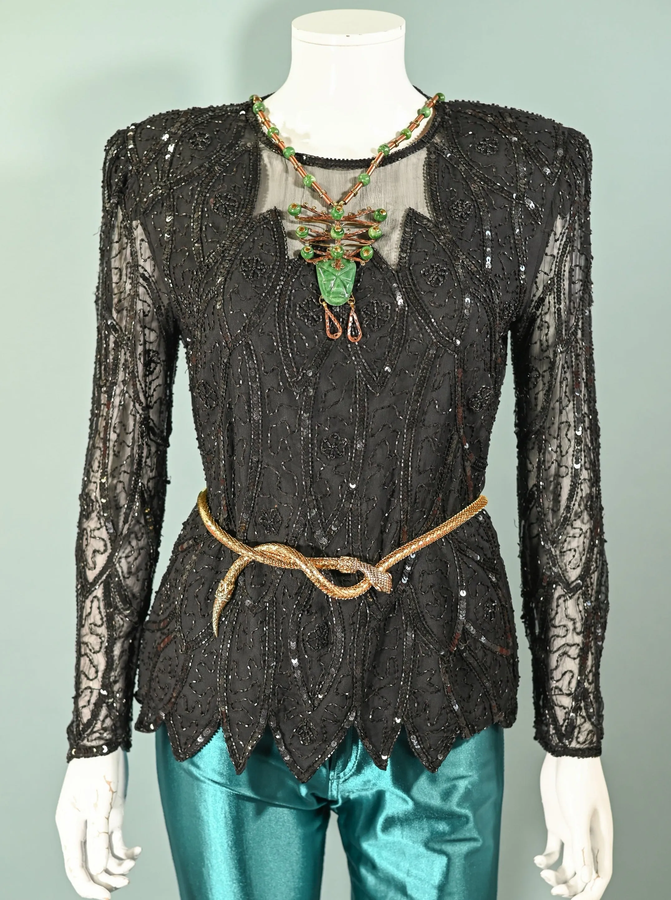 Stenlay 80s Black Silk Beaded/Sequin Top S