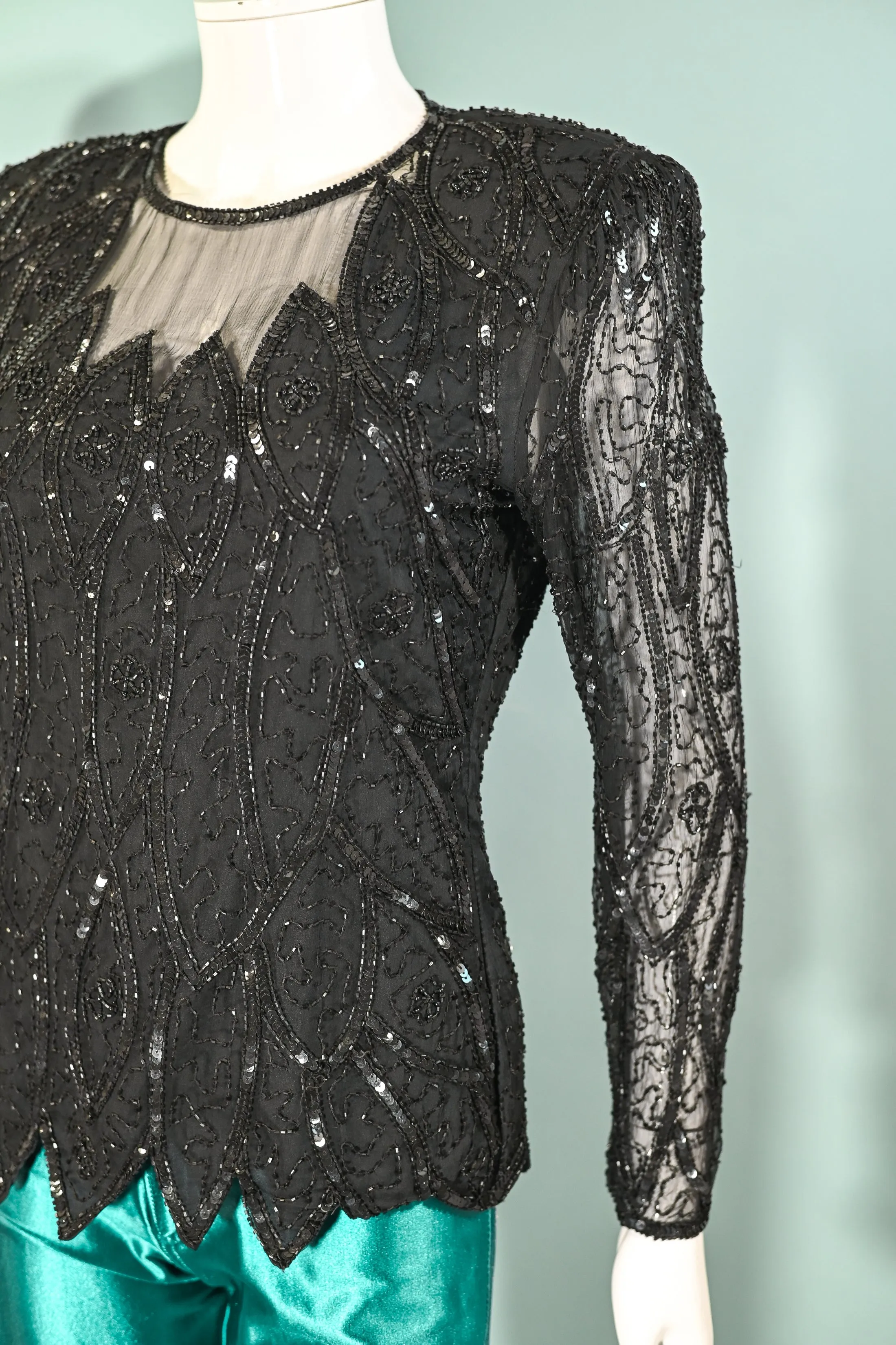 Stenlay 80s Black Silk Beaded/Sequin Top S