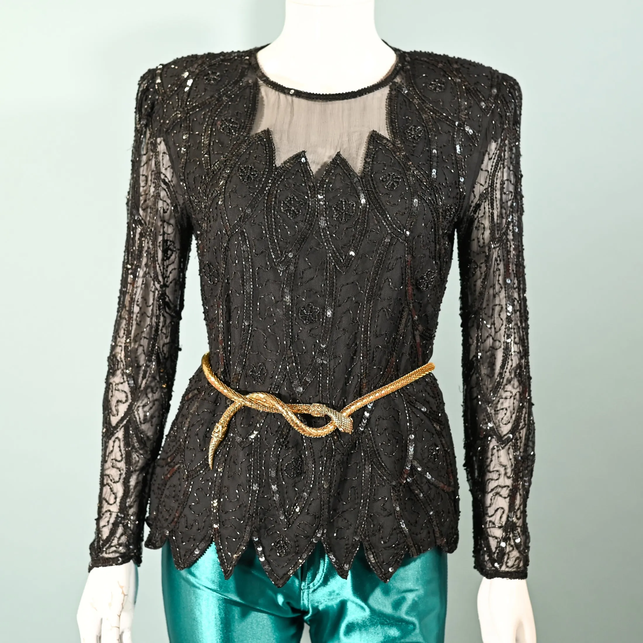 Stenlay 80s Black Silk Beaded/Sequin Top S