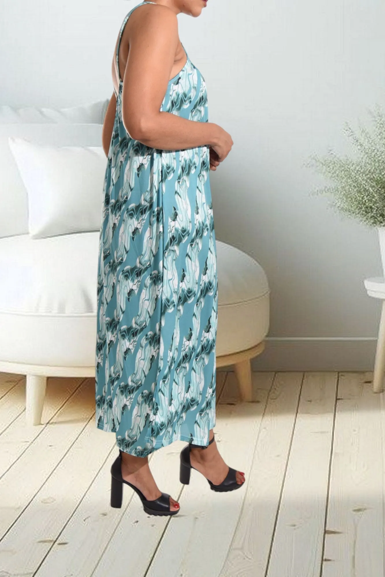 Two Tone Printed Strappy Maxi Dress