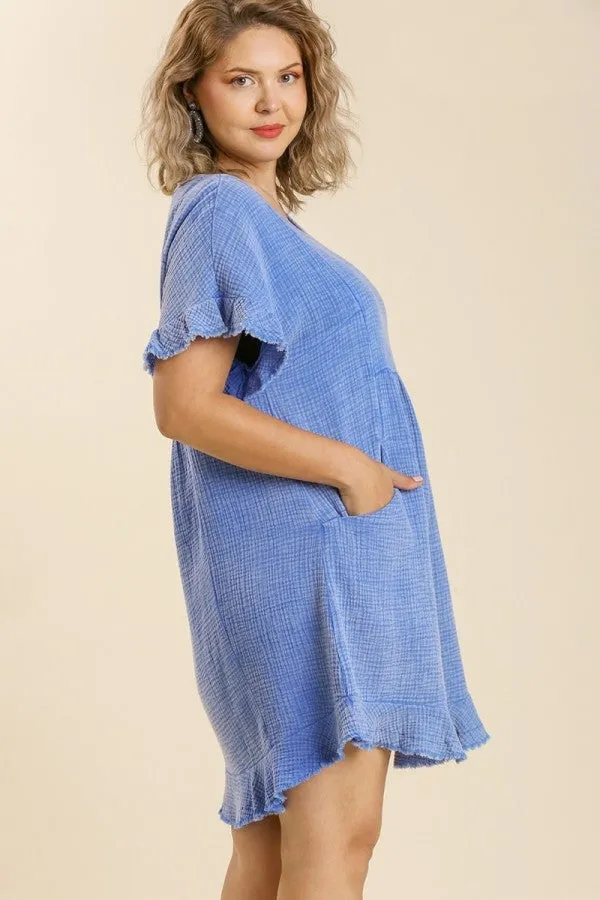 Umgee Mineral Washed Short Gauze Dress in Denim