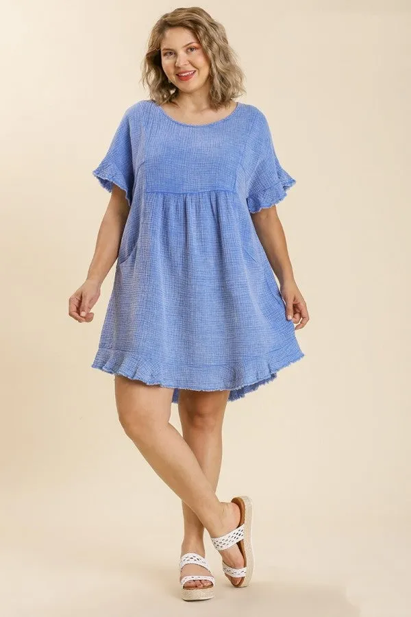 Umgee Mineral Washed Short Gauze Dress in Denim