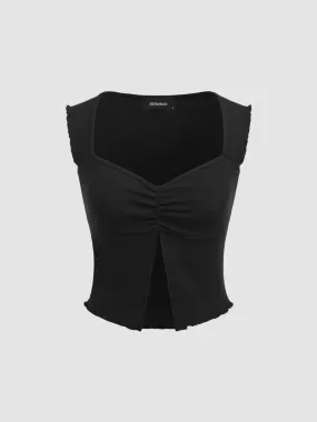 V-Neck Sleeveless Split Black Crop Top
