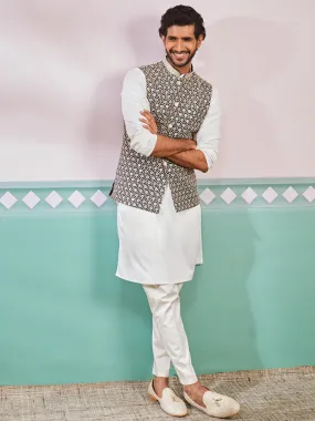 VASTRAMAY Men's Black Fine Satin Nehru Jacket, Kurta And Pyjama Set.