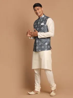 VASTRAMAY Men's Grey Mirror-Work Silk Blend Nehru Jacket With Solid Kurta & Pyjama Set