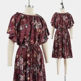 Vintage 70s Plum Floral Blouson Accordion Pleated Boho Dress with Belt size XS S