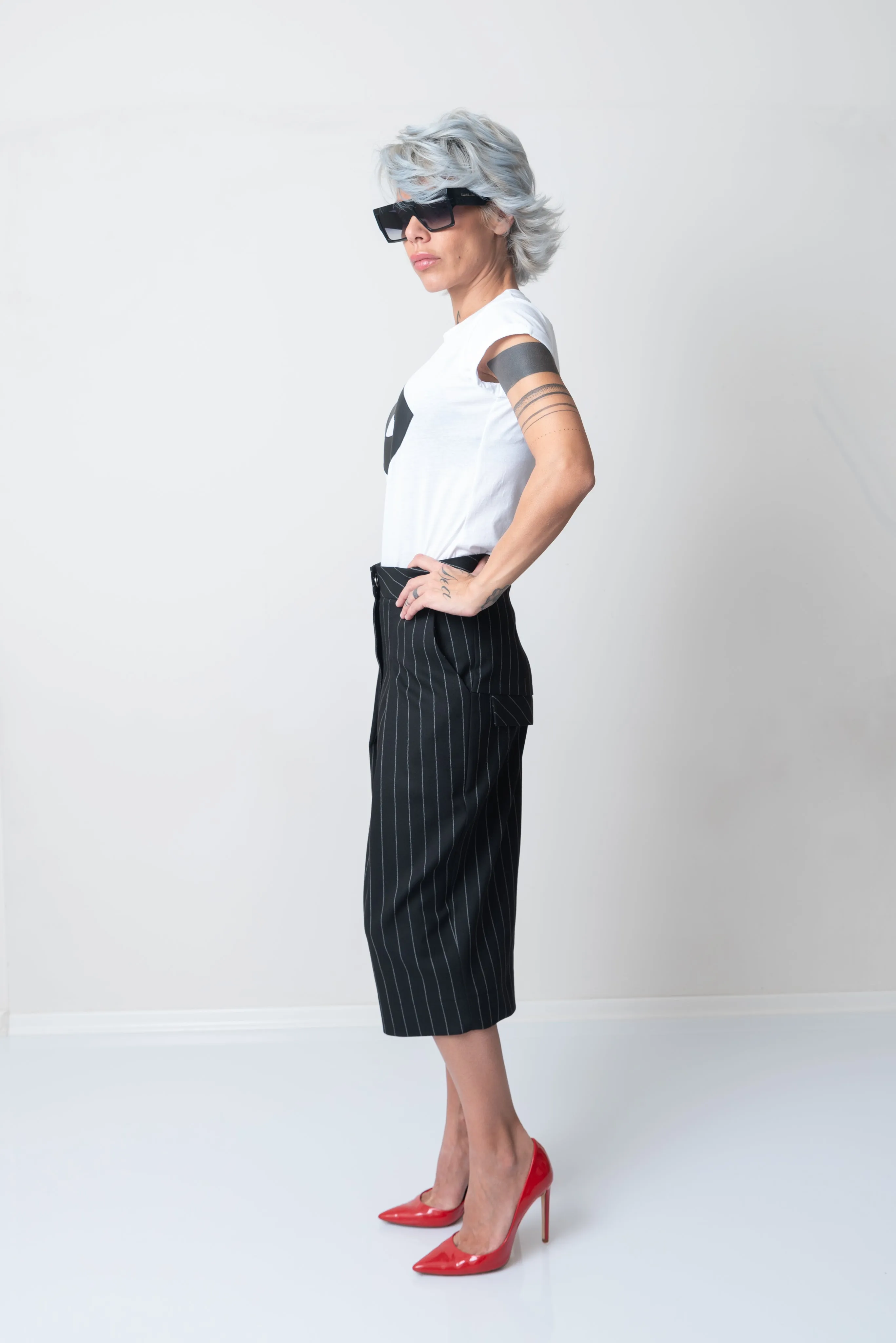 White T Shirt Blouse with Short Sleeves and Leatherette Lips