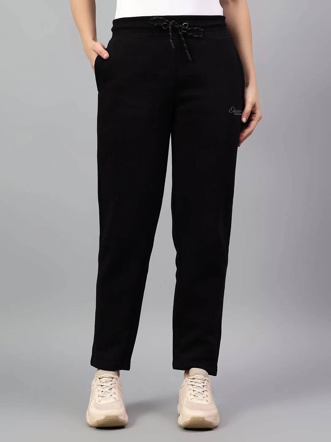 Women's Black Solid Winter Track Pant