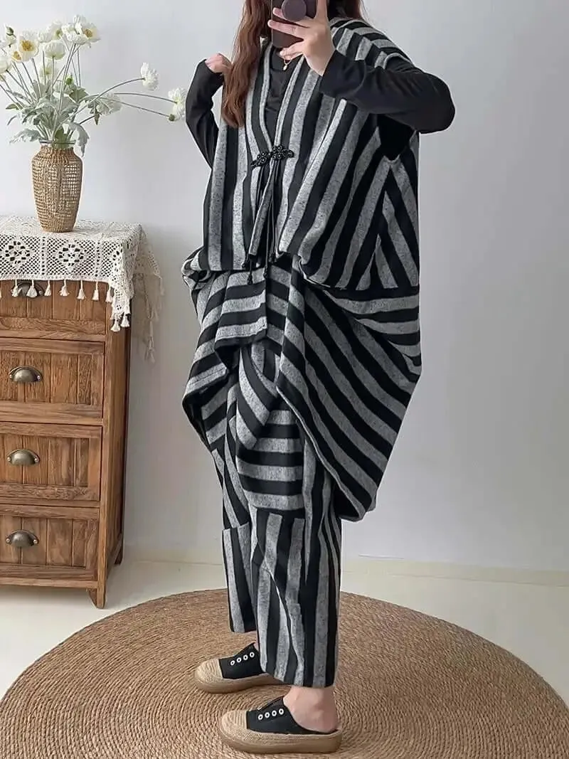 women's set Chic Striped Woolen Vest with Harem Pants Set