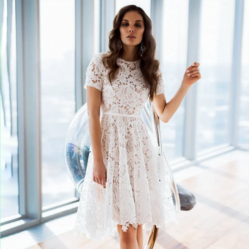 Women's Summer Casual O-Neck Lace Midi Dress