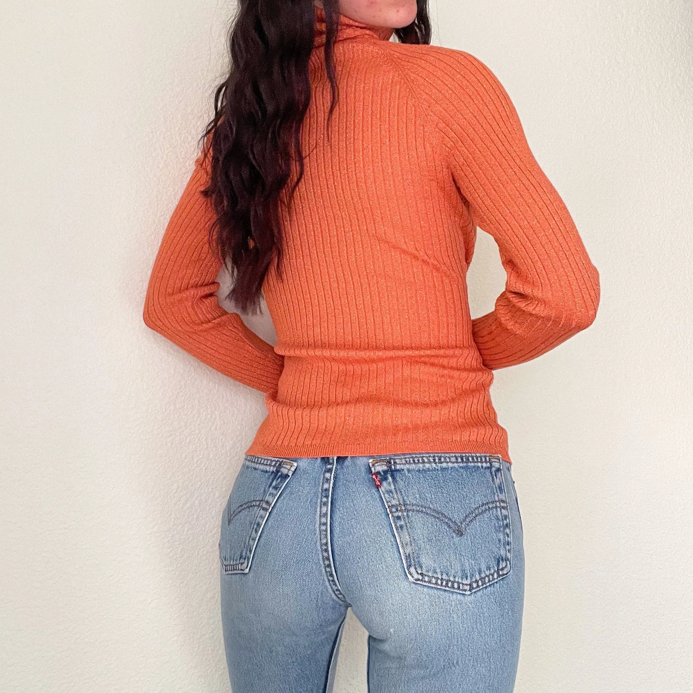 Y2K Orange Glitter Knit Turtleneck Sweater (L)