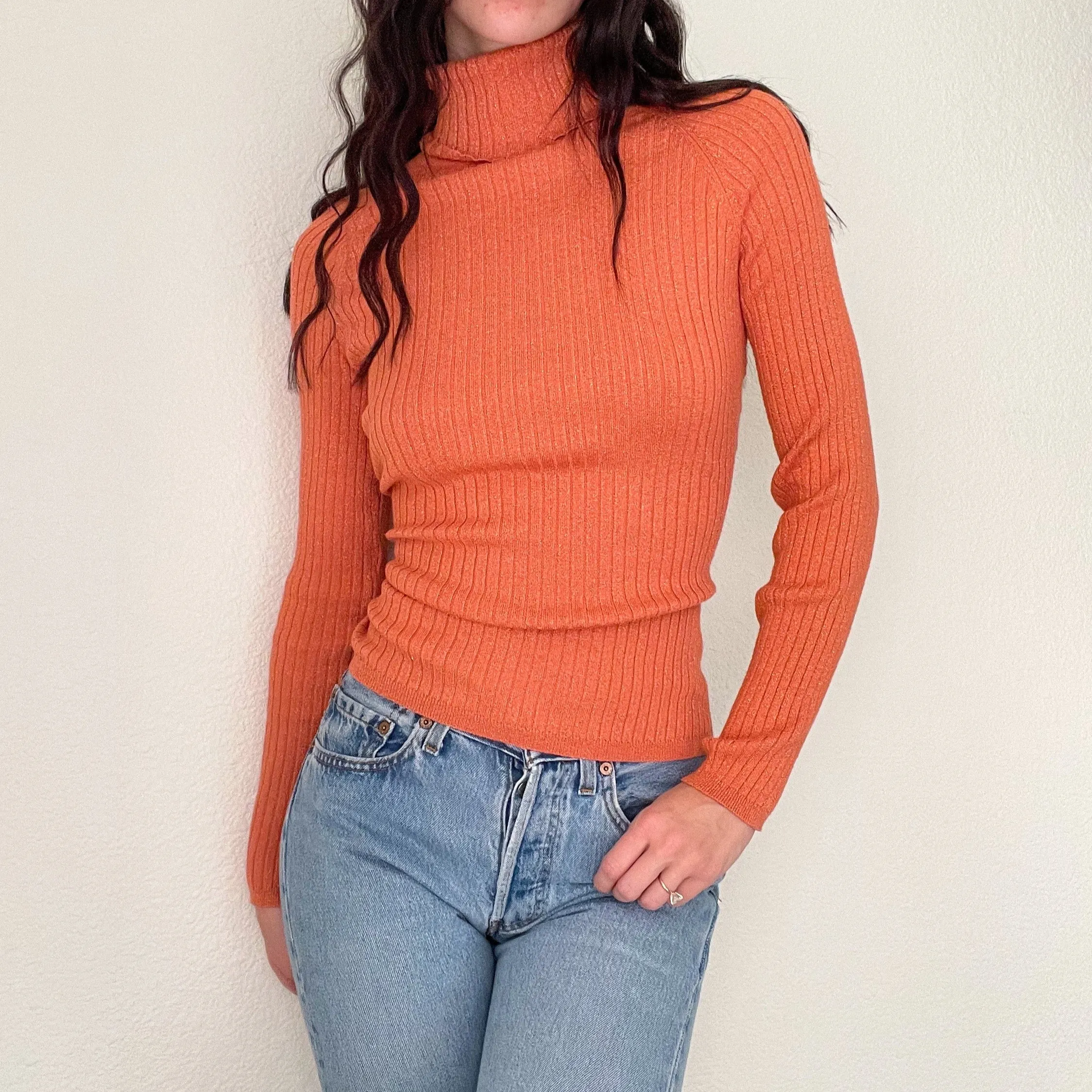 Y2K Orange Glitter Knit Turtleneck Sweater (L)