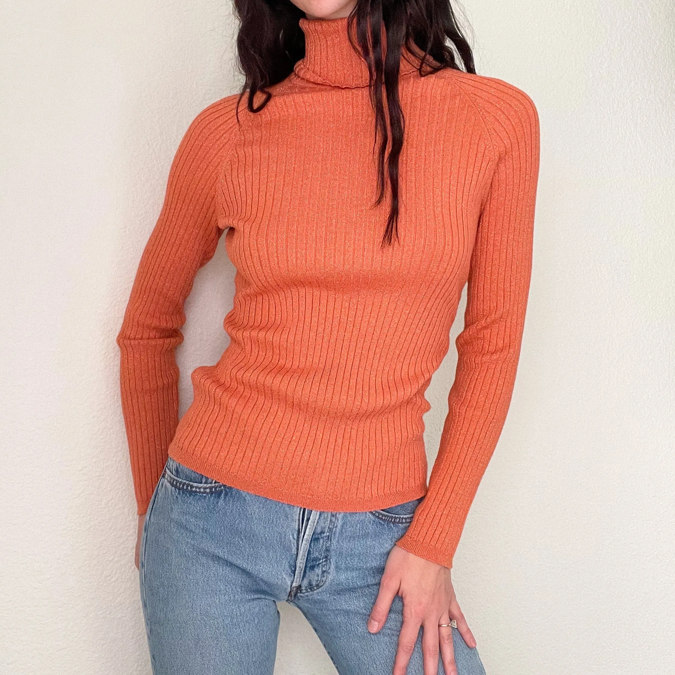 Y2K Orange Glitter Knit Turtleneck Sweater (L)