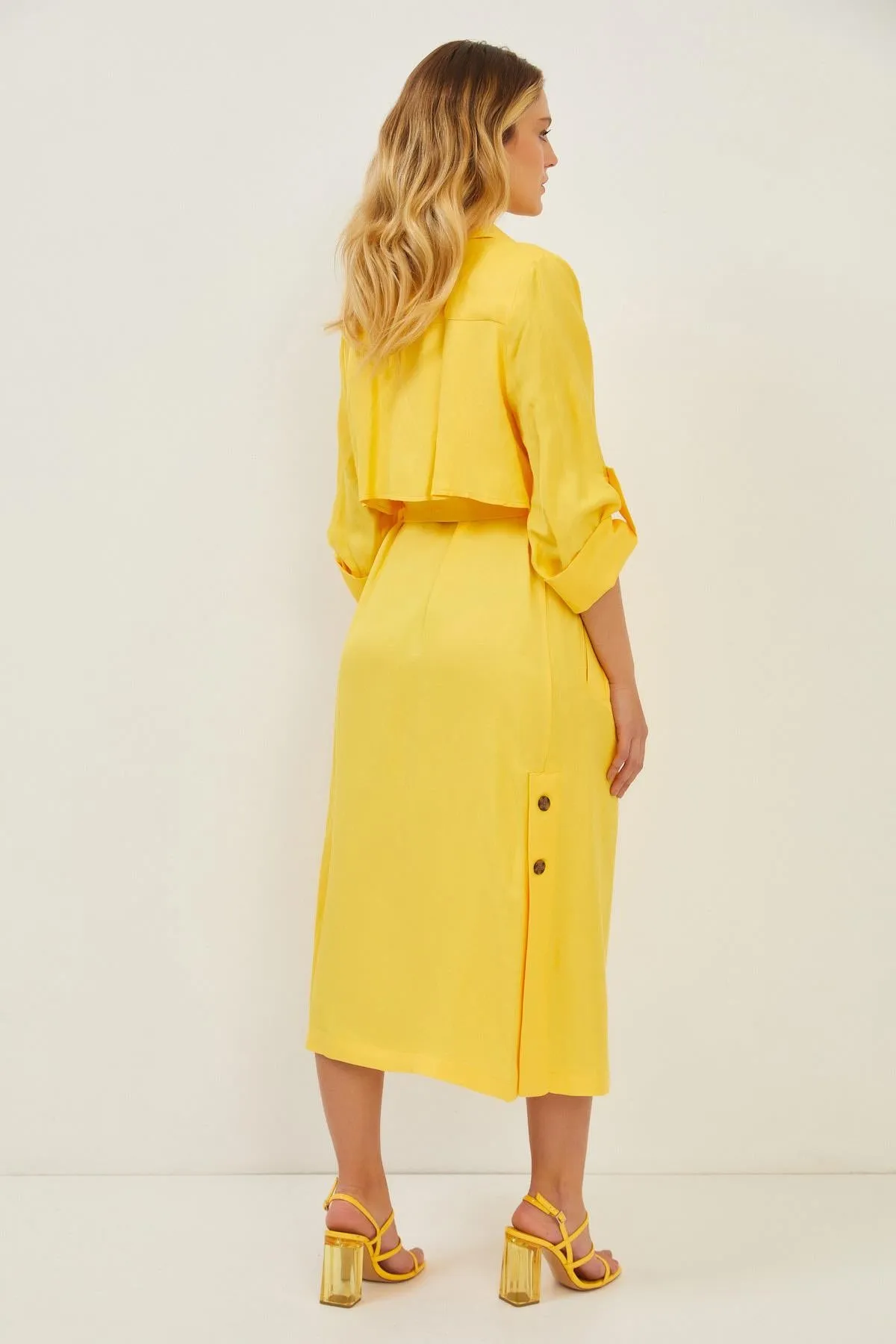 Yellow Linen Side Pocket Belt Detail Long Sleeve Maxi Dress