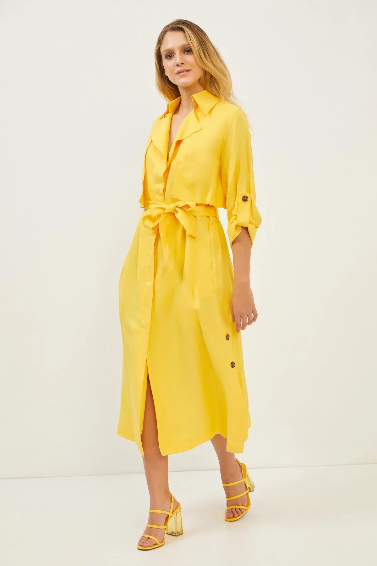 Yellow Linen Side Pocket Belt Detail Long Sleeve Maxi Dress