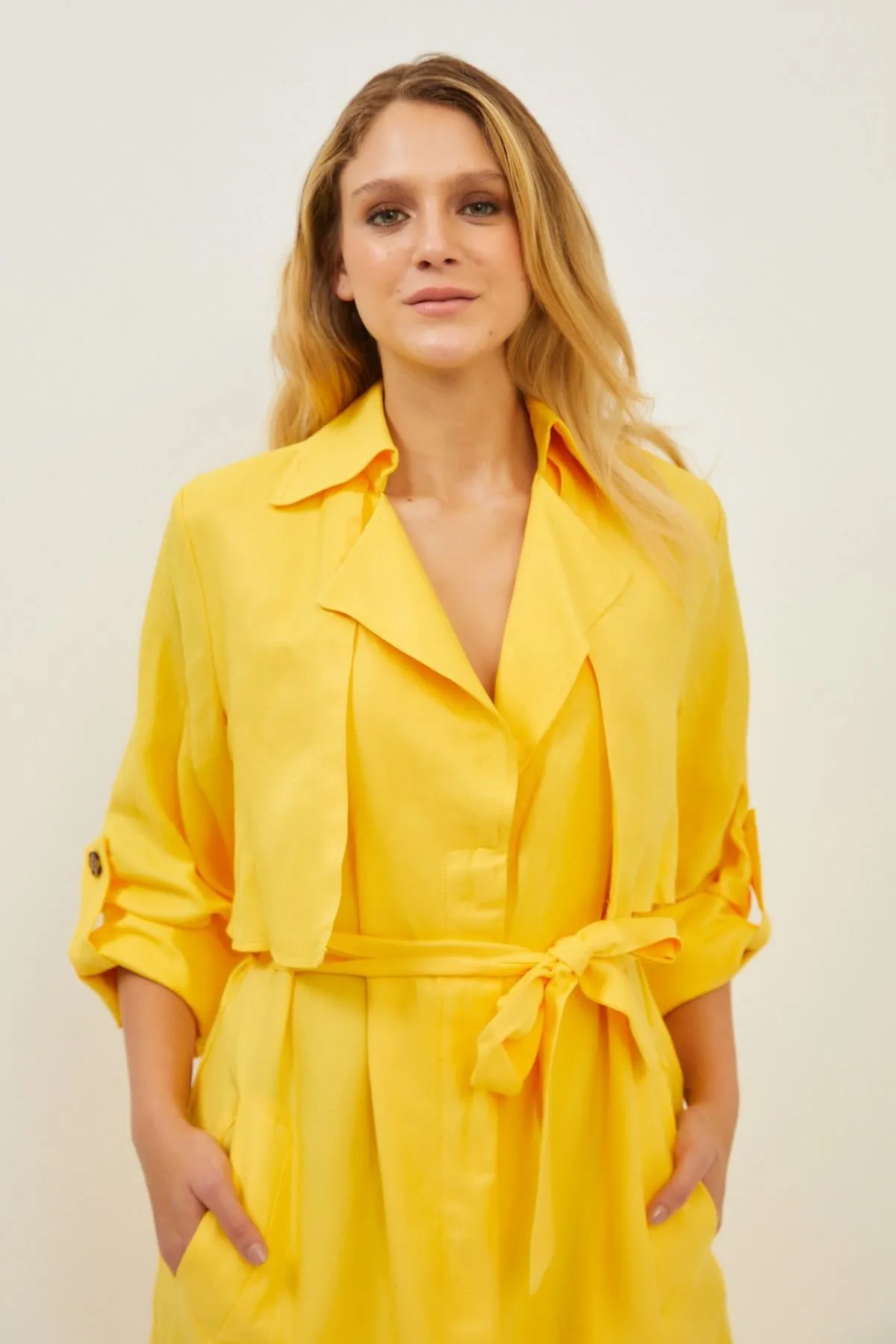 Yellow Linen Side Pocket Belt Detail Long Sleeve Maxi Dress