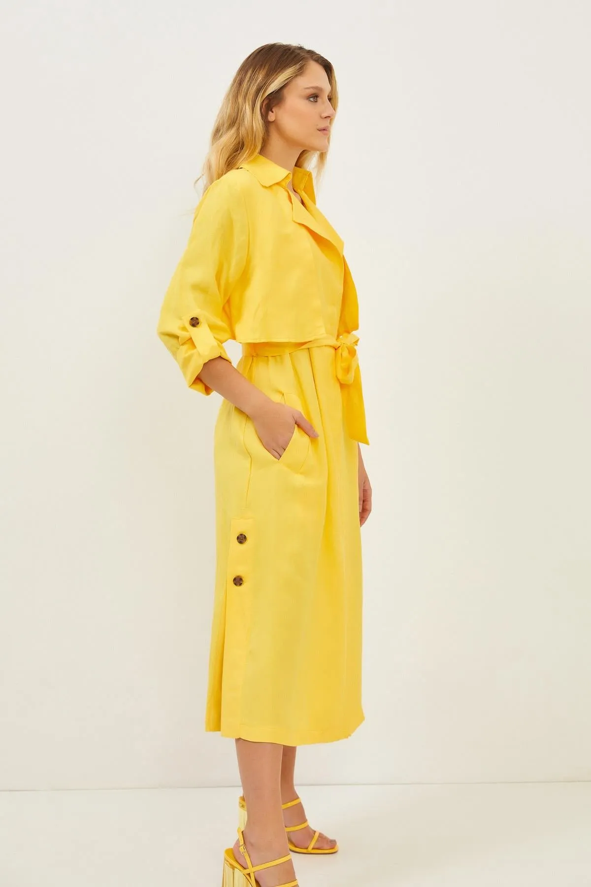 Yellow Linen Side Pocket Belt Detail Long Sleeve Maxi Dress